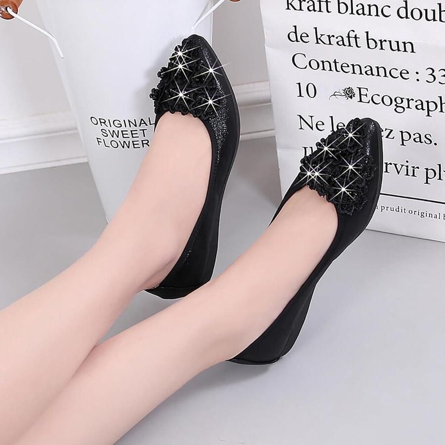 Provento Comfortabele dames ballerina's met fonkelende bloem en strassteentjes