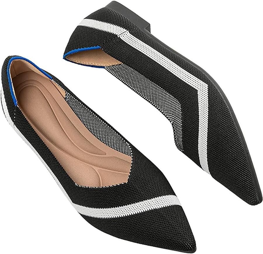 Provento Dames Ballet Flats Puntneus Gebreide Jurk Schoenen Zwart Wit Comfortabel Lichtgewicht Opvouwbaar