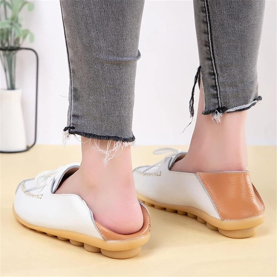 Provento Dames Lederen Mocassins Casual Schoenen met Ronde Neus Comfortabele Platte Instappers Wit