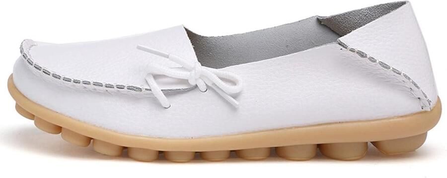 Provento Dames lederen mocassins wit zachte loafer platte boot casual slip on rijden schoenen