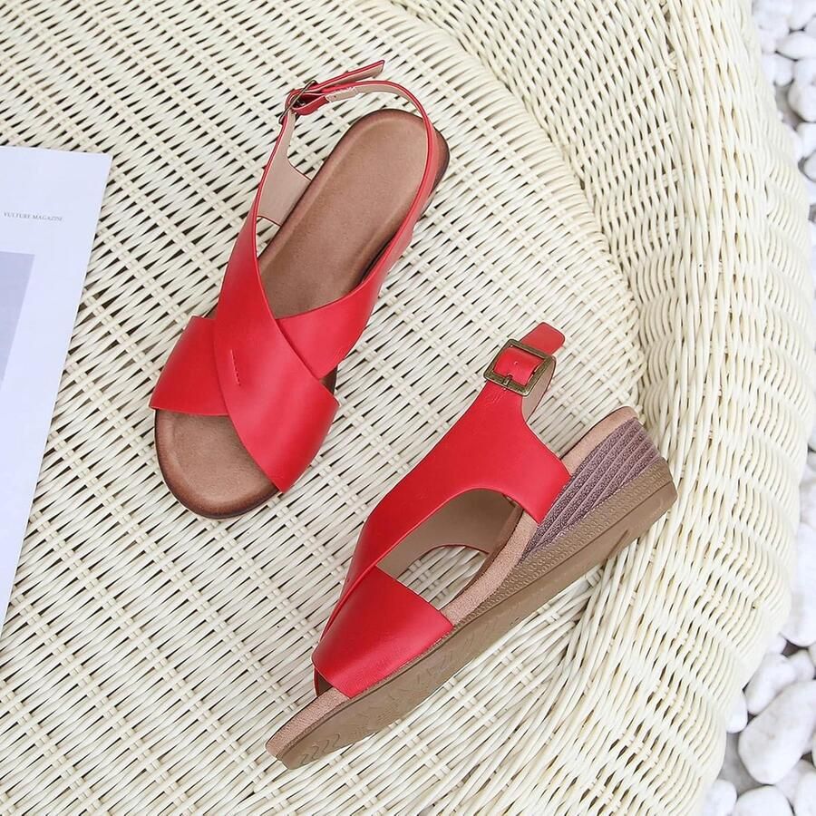 Provento Dames Sandalen met Sleehak Rood Open Teen Gesp Comfortabele Outdoor Schoenen