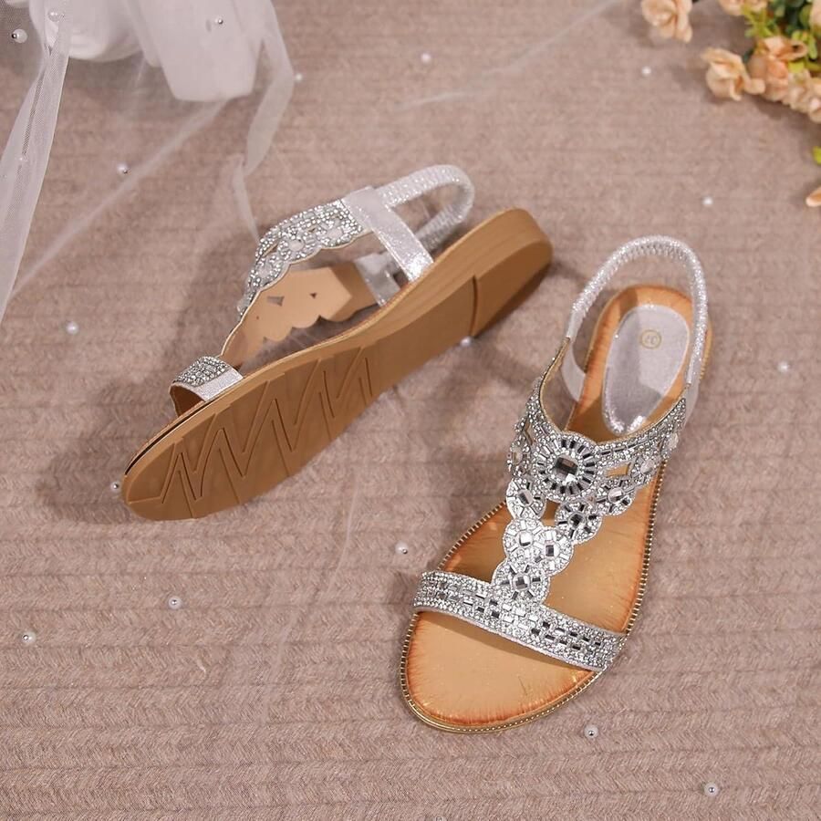 Provento Dames Sandalen met Strass en T-Riem voor Zomer Strand en Vakantie