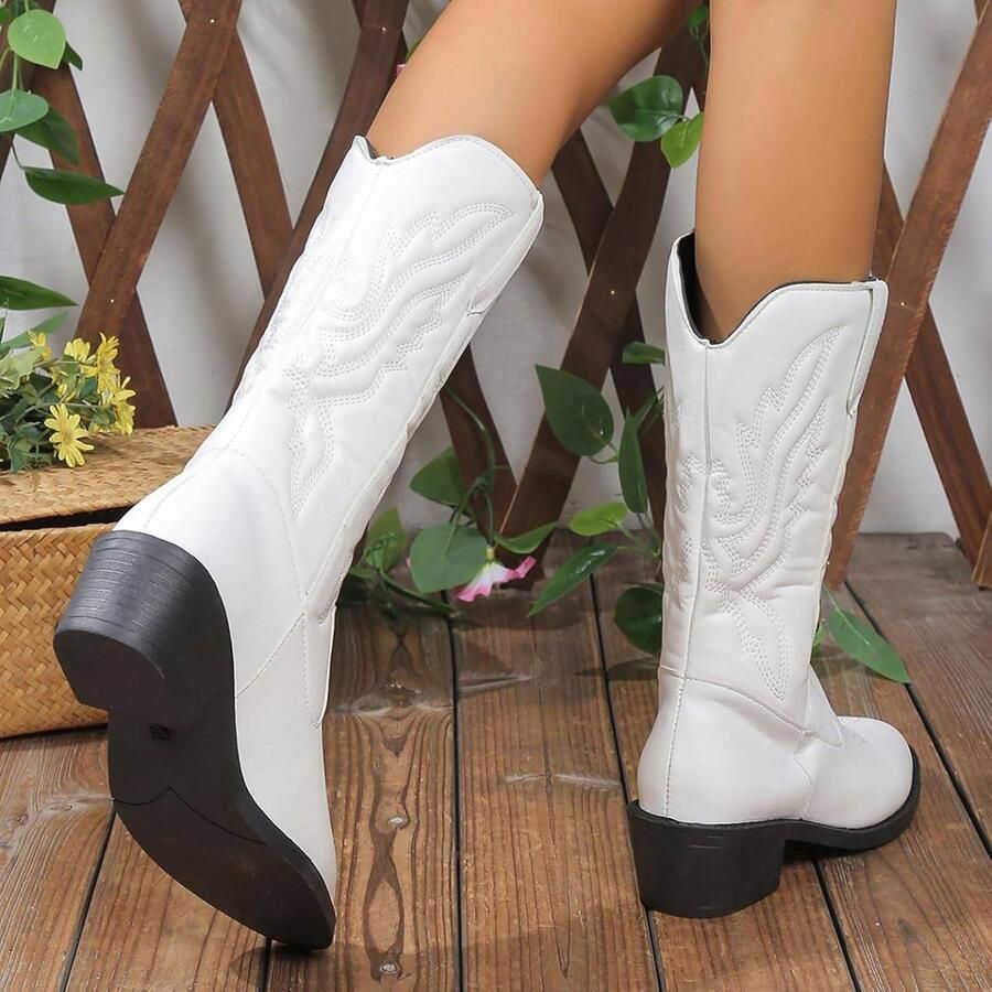 Provento Knie Hoge Dames Cowgirl Laarzen Trendy Pull On Chunky Heel Comfortabele Westernstijl Puntige Teen met Borduurwerk