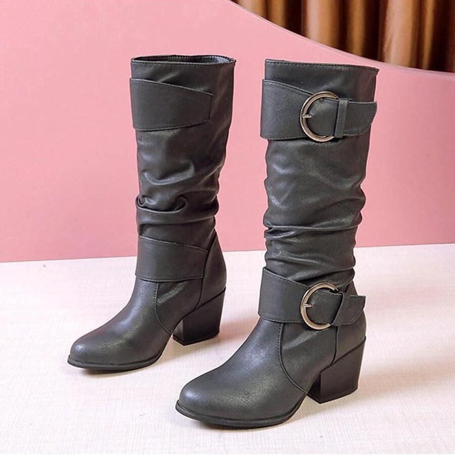 Provento Knie Hoge Laarzen Chunky Hakken Gesp Comfort Winter Damesmode