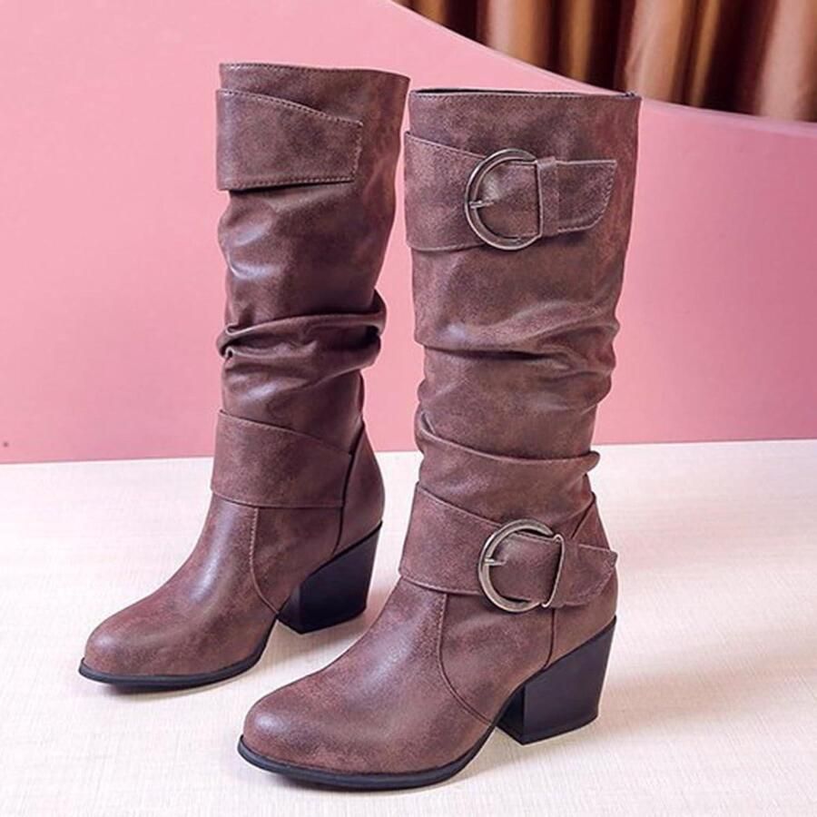 Provento Knie hoge laarzen met chunky hakken en gesp puntige neus comfortabel voor de winter bruin