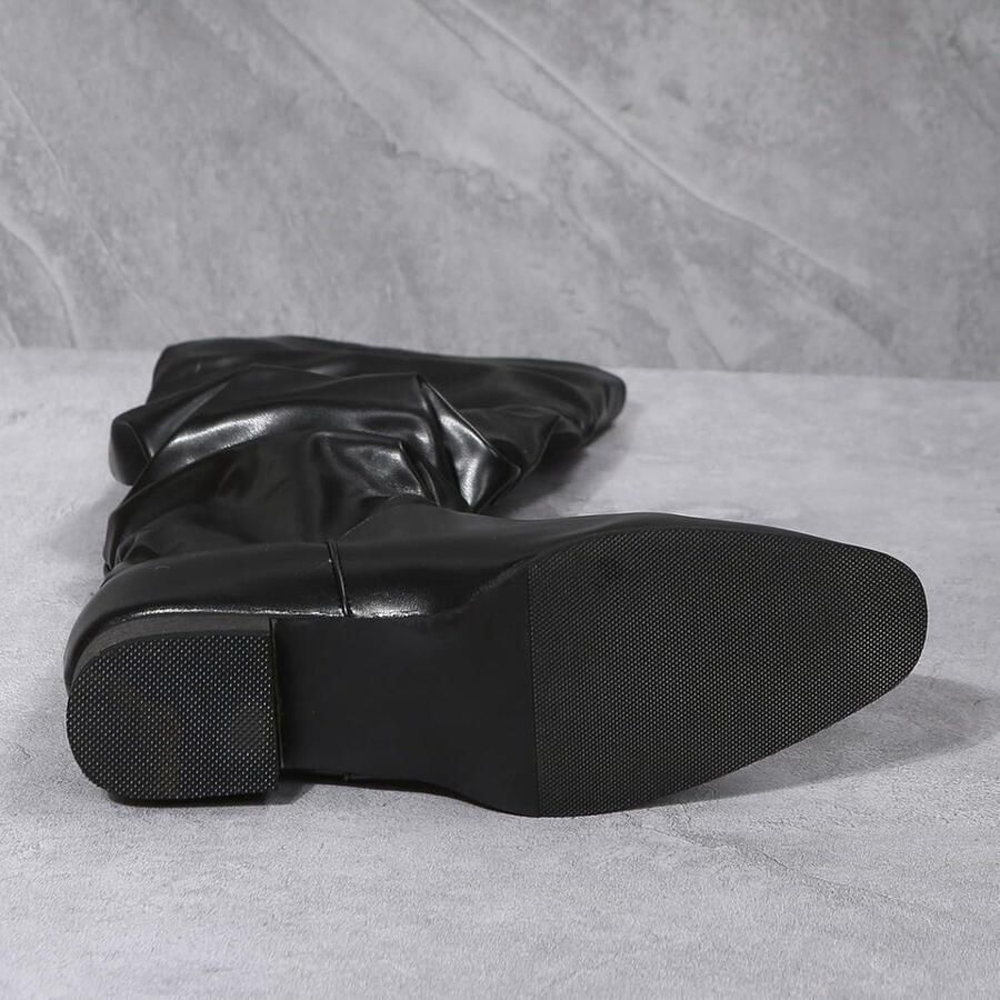 Provento Knie hoge laarzen voor dames met lage hakken puntige teen en ruches comfortabele winter enkellaarzen in maten