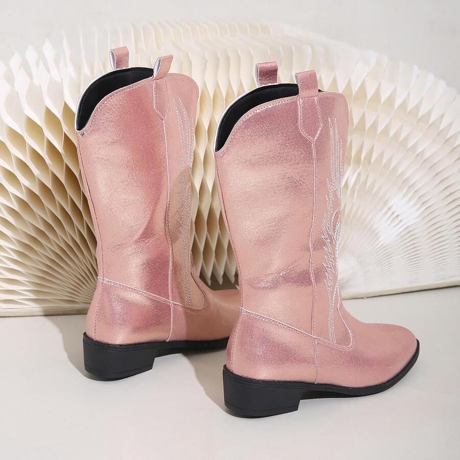 Provento Kniehoge cow laarzen met dikke hak en geborduurde details Roze