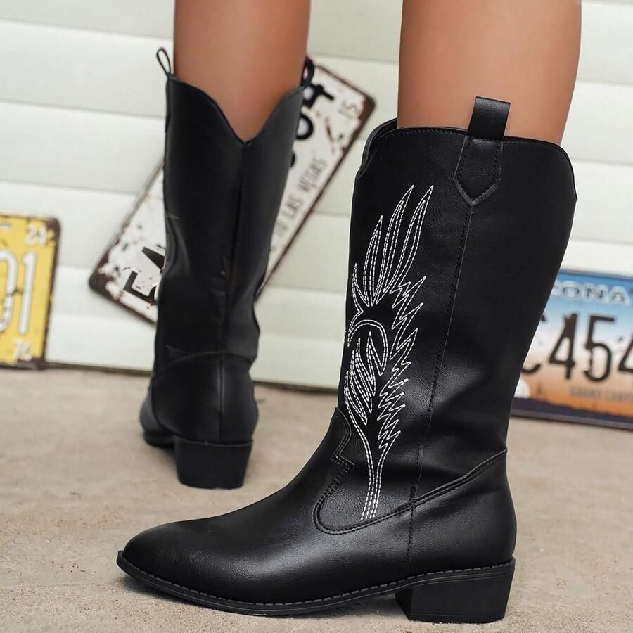 Provento Kniehoge westerse laarzen voor dames comfortabel en modieus met dikke hak zwart