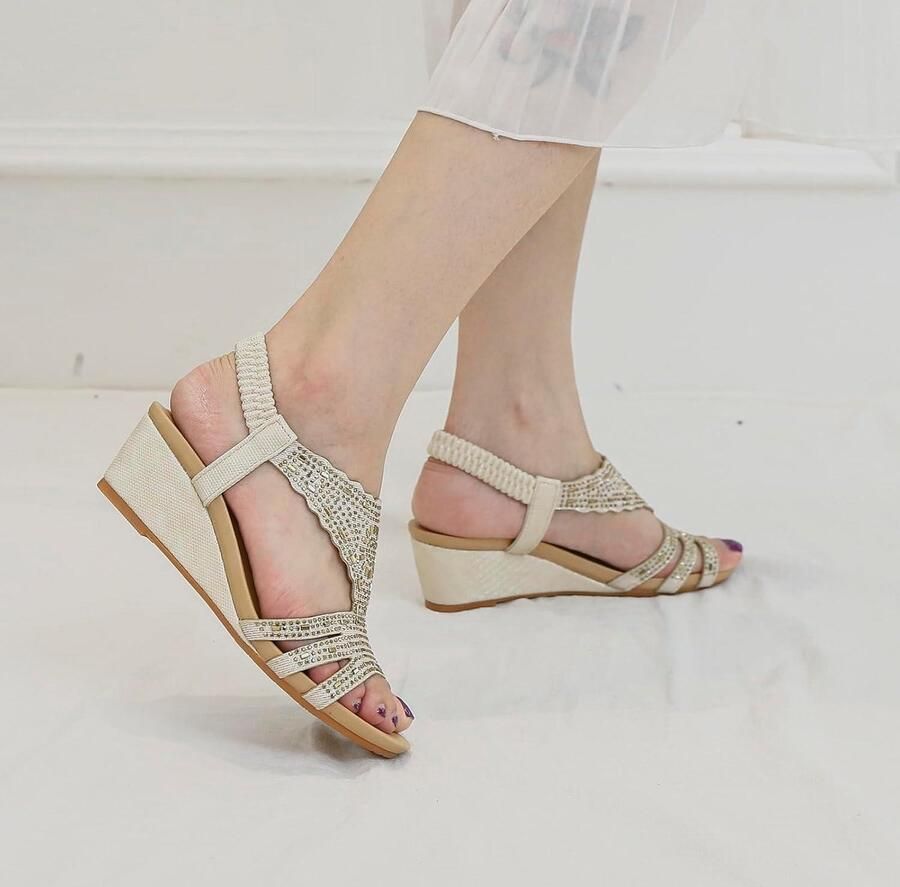 Provento Lage Wedge Heel Platform Sandalen met Gouden Strass voor Vrouwen Comfortabele T-Bar Slingback Zomer Schoenen met Hak