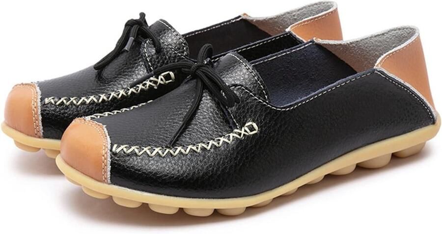 Provento Lederen Dames Mocassins Casual Loafer Zwarte Platte Schoenen met Ronde Neus