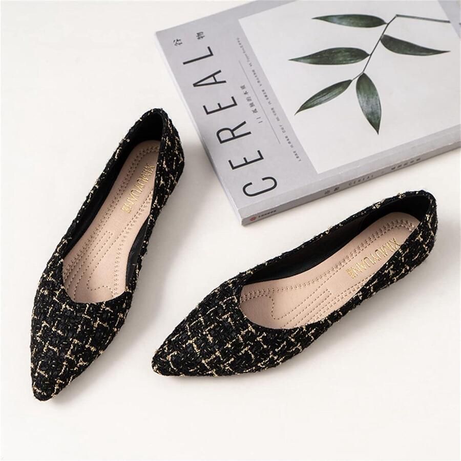 Provento Platte slip-on pumps met puntige neus voor dames Zwarte ballerina's voor bruiden