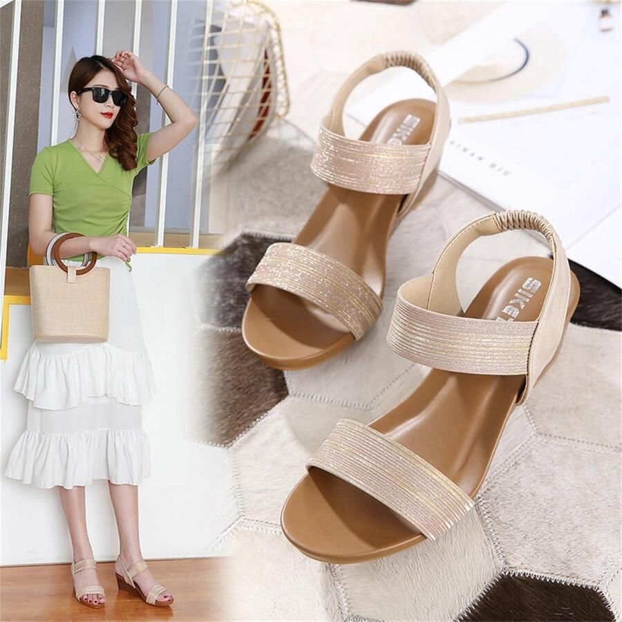 Provento Sandalen met sleehak en open teen voor dames casual zomer stijl bohemien lage hak slingback strandsandalen goudkleurig UK wijdte