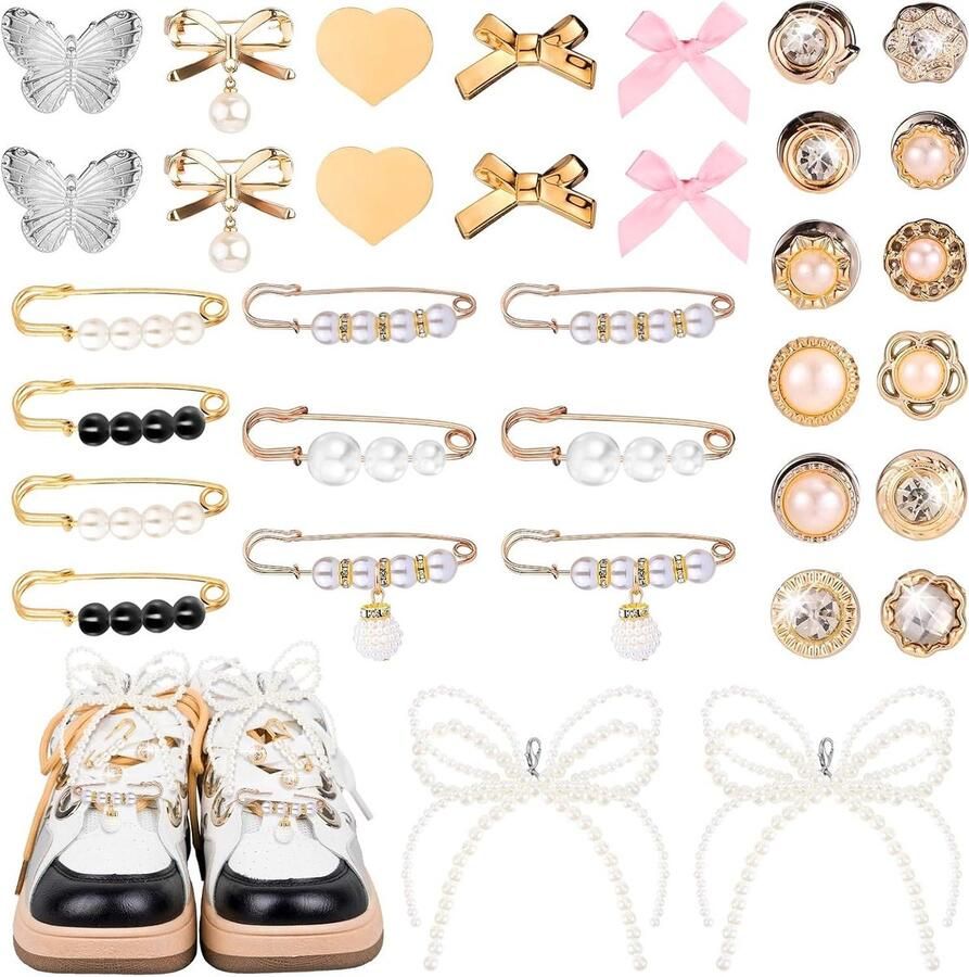 Provento Schoenbedels voor Sneakers met Parelstrikken Hart en Vlinder Clips Doe-Het-Zelf Sieradenbedels voor Dames Kledingdecoratie
