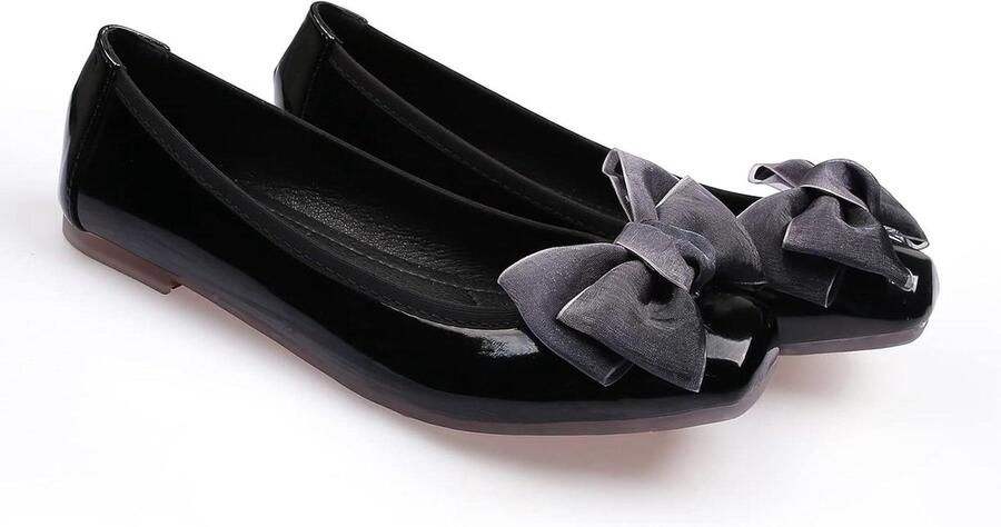 Provento Vierkante Teen Ballerina Flats met Memory Foam Zwarte Slip-ons Casual en Elegant met Bow-Knoop