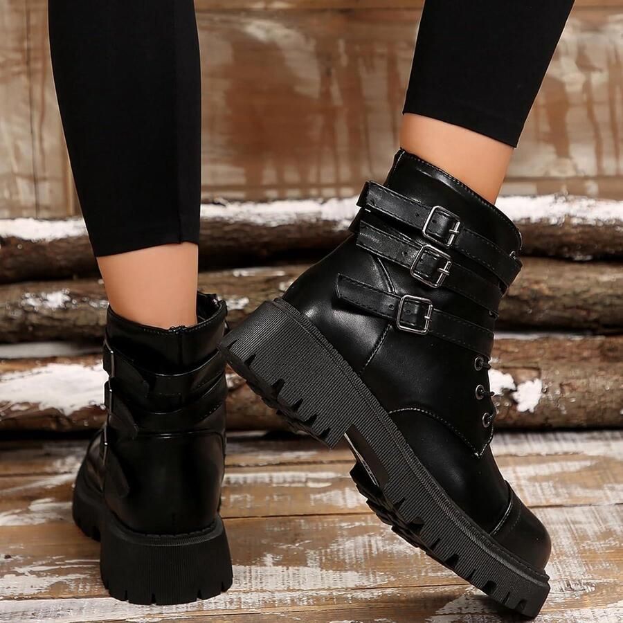 Provento Vrouwen Enkellaarzen Zwart Lederen Combat Boots