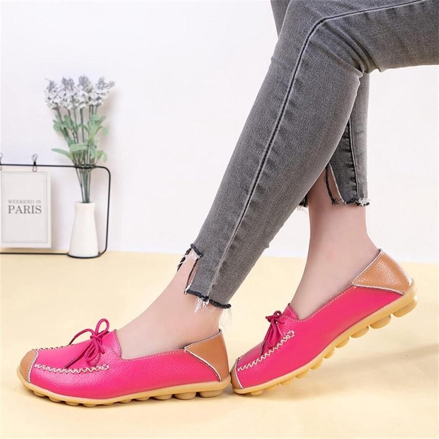 Provento Vrouwen Lederen Mocassins Casual Loafer Slip On Schoenen Comfortabele Platte Schoenen met Ronde Neus Geschikt Voor Rijden EU Roosrood