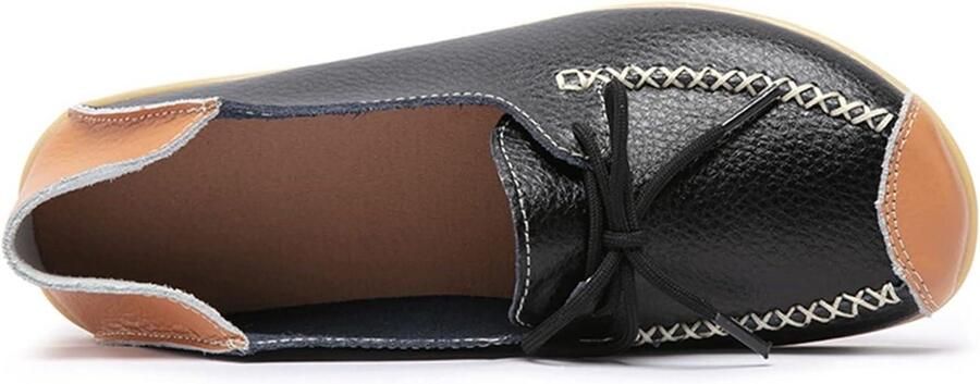 Provento Vrouwen Lederen Mocassins Casual Platte Schoenen met Ronde Teen Zwart