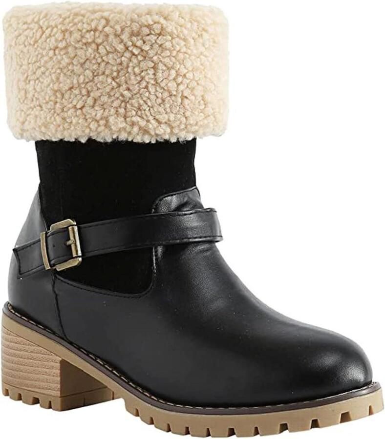 Provento Warme Dames Wandelschoenen met Bontkraag Outdoor Enkellaarzen met Chunky Hak Zwart 40.5