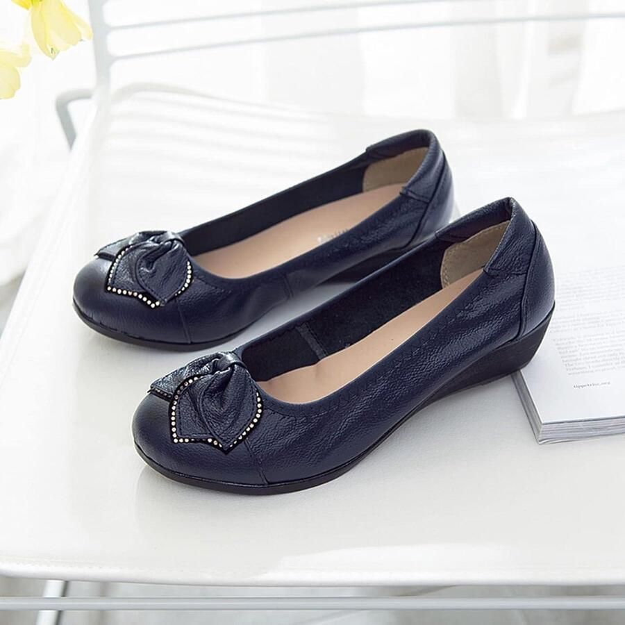 Provento Zachte leren platte loafer voor dames Marineblauw Comfortabele wandelschoenen met lage sleehak