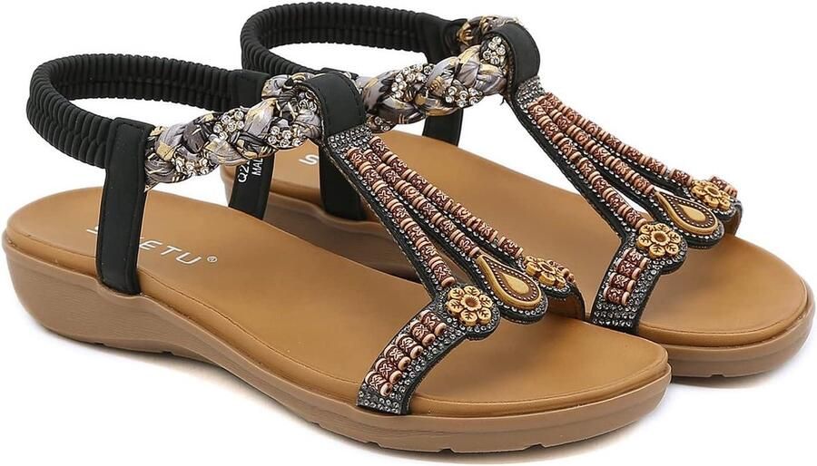 Provento Zomer Sandalen Dames Comfortabel Sparkly Strass T-Strap Zwart