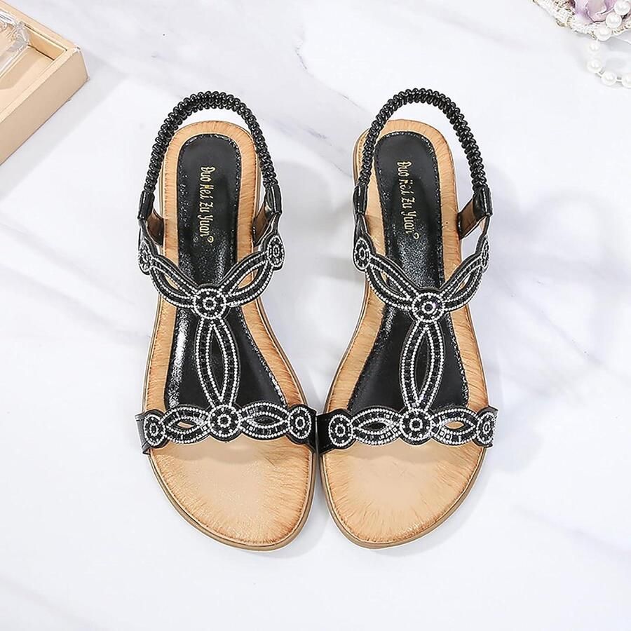 Provento Zomersandalen met sprankelende strass voor dames Open teen enkelriem Lage hak Geschikt voor bruiloft en feest