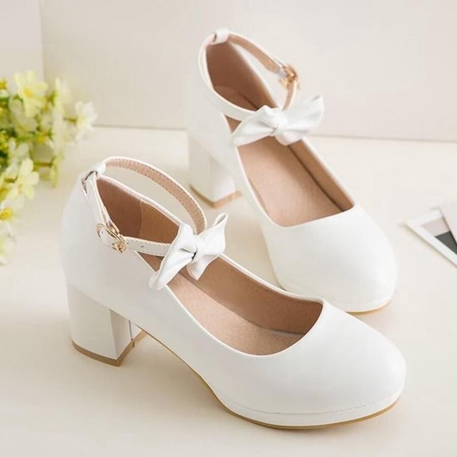 Pumps Dames Blokhak Hoge Hakken Riempje Strik Jurk Schoenen EU (23 1