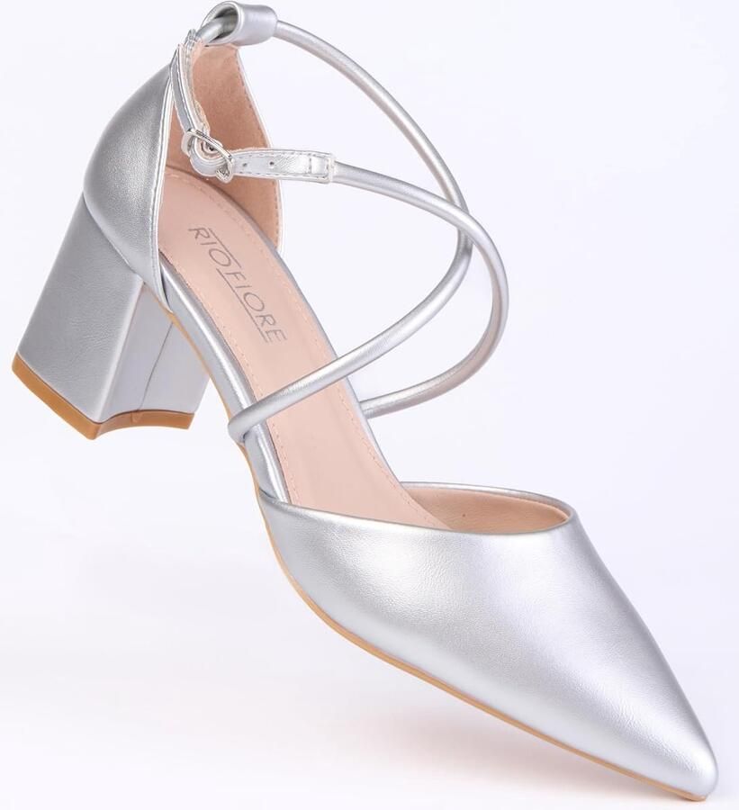Pumps wit zilver blokhak zacht kunstleer riempjespompen schoenen met riem kruisriem pumps HF33038
