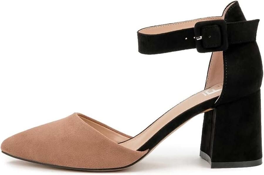 Pumps zwart wit grijs blauw beige taupe groen fuchsia paars rood blokhak comfortabele pumps met riem zacht imitatiesuède kunstleer riempjespompen H1877-A0142