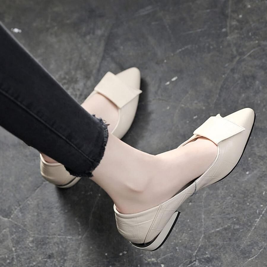 Puntige Teen Blokhak Geruite Leren Pumps Schoenen Zachte Zool Ballerinas