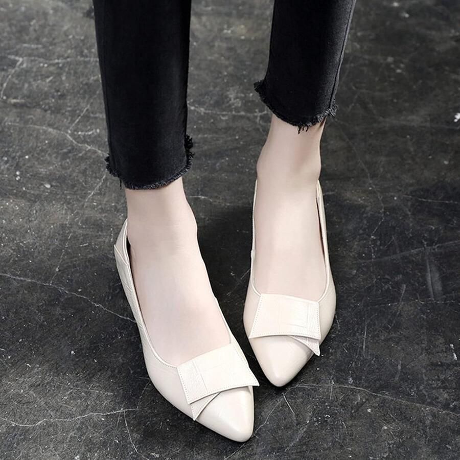 Puntige Teen Blokhak Geruite Leren Pumps Schoenen Zachte Zool Ballerinas