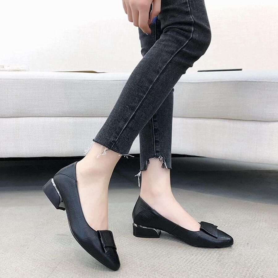 Puntige Teen Blokhak Geruite Leren Pumps Schoenen Zachte Zool Ballerinas