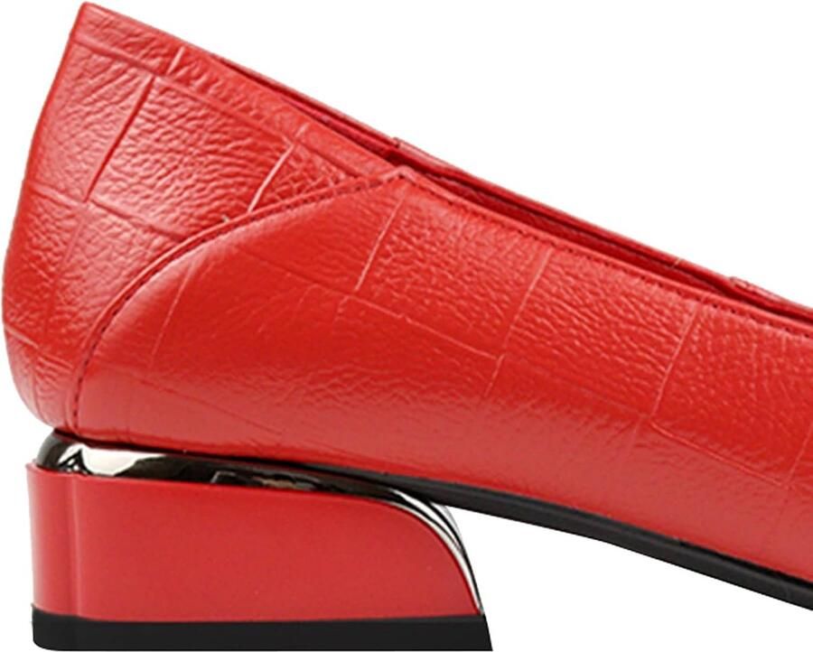 Puntige Teen Blokhak Geruite Leren Pumps Schoenen Zachte Zool Ballerinas