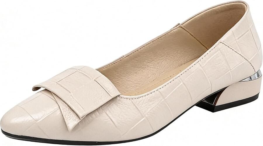 Puntige Teen Blokhak Geruite Leren Pumps Schoenen Zachte Zool Ballerinas