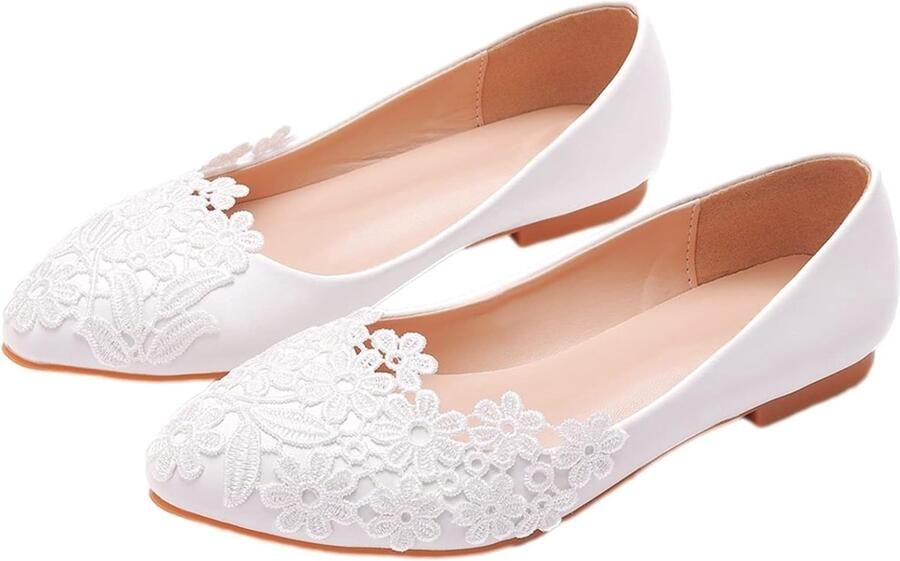 Puntige teen voor dames kant parels bruidsschoenen pumps zachte zool ballerina's platte schoenen