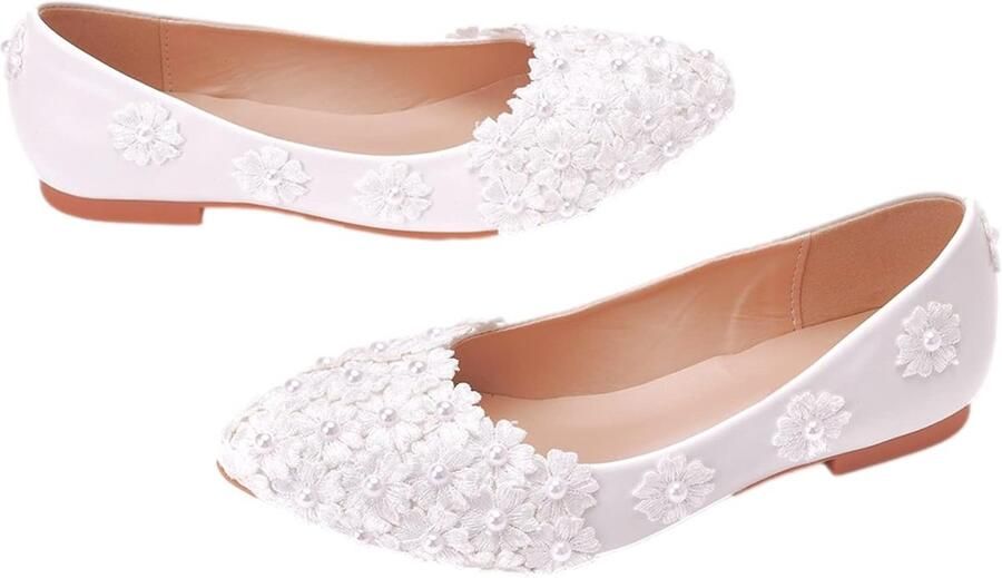 Puntige teen voor dames kant parels bruidsschoenen pumps zachte zool ballerina's platte schoenen