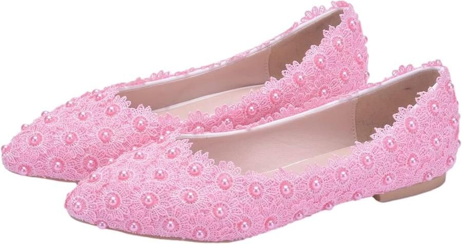 Puntige teen voor dames kant parels bruidsschoenen pumps zachte zool ballerina's platte schoenen