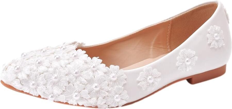 Puntige teen voor dames kant parels bruidsschoenen pumps zachte zool ballerina's platte schoenen