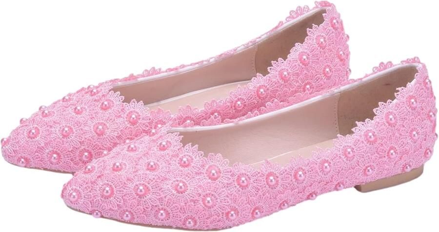 Puntige teen voor dames kant parels bruidsschoenen pumps zachte zool ballerina's platte schoenen
