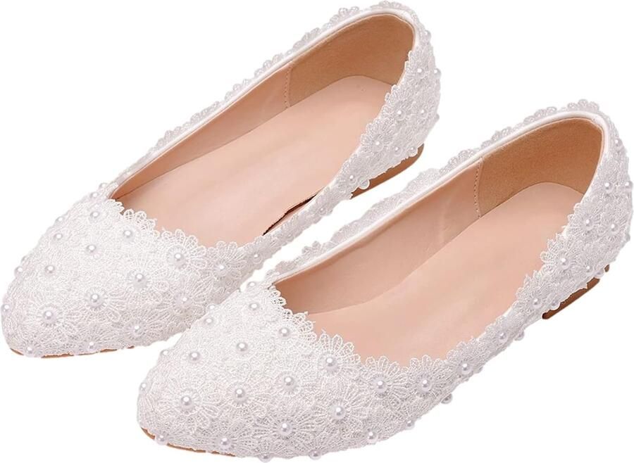 Puntige teen voor dames kant parels bruidsschoenen pumps zachte zool ballerina's platte schoenen