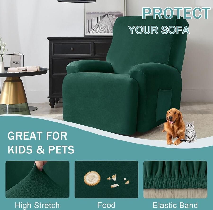 Recliner Cover Fluwelen Recliner Chair Cover 1 2 3-zits Recliner hoezen Zachte Recliner Protector Antislip Met Elastische Bodem Meubelbeschermer Voor Kinderen Huisdieren-Donkergroen-1-zits - Foto 2