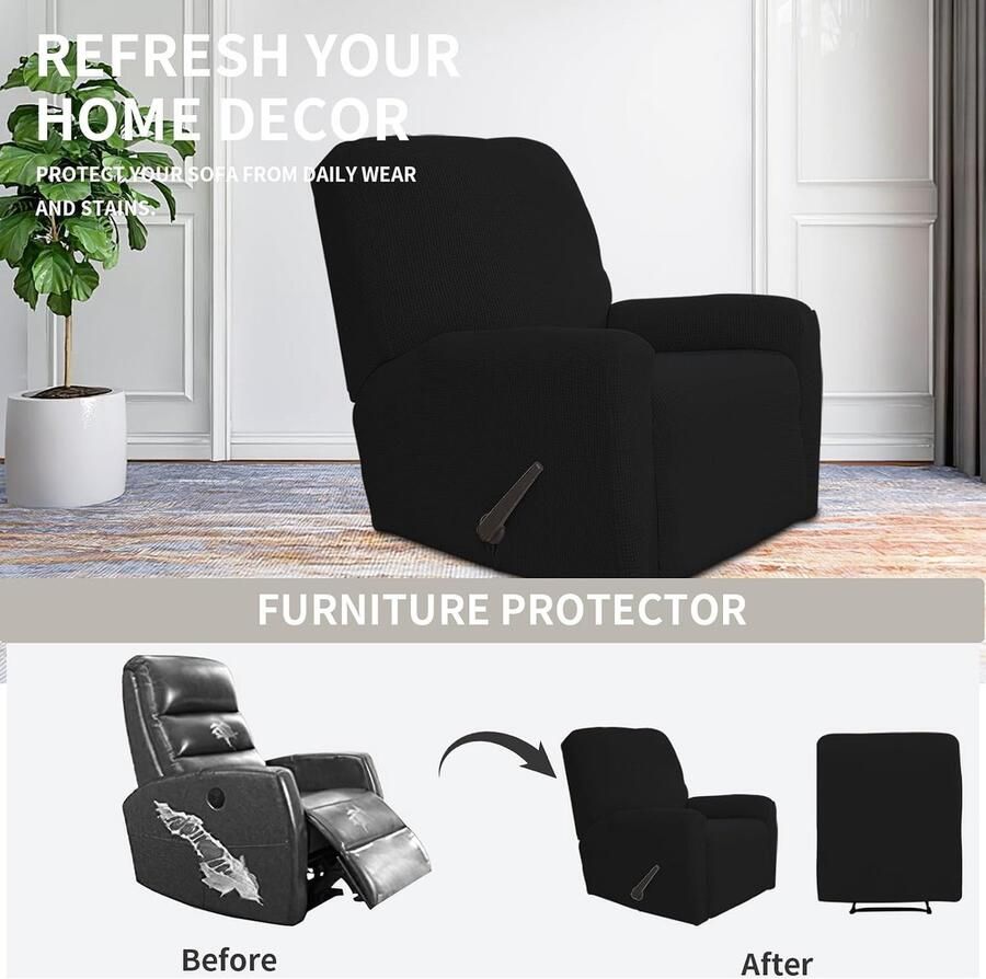 Recliner Stretch Sofa Slipcover Sofa Cover 4-Pieces Furniture Protector Couch Soft with Elastic Bottom Spandex Jacquard Fabric Small Checks(Large Black)
