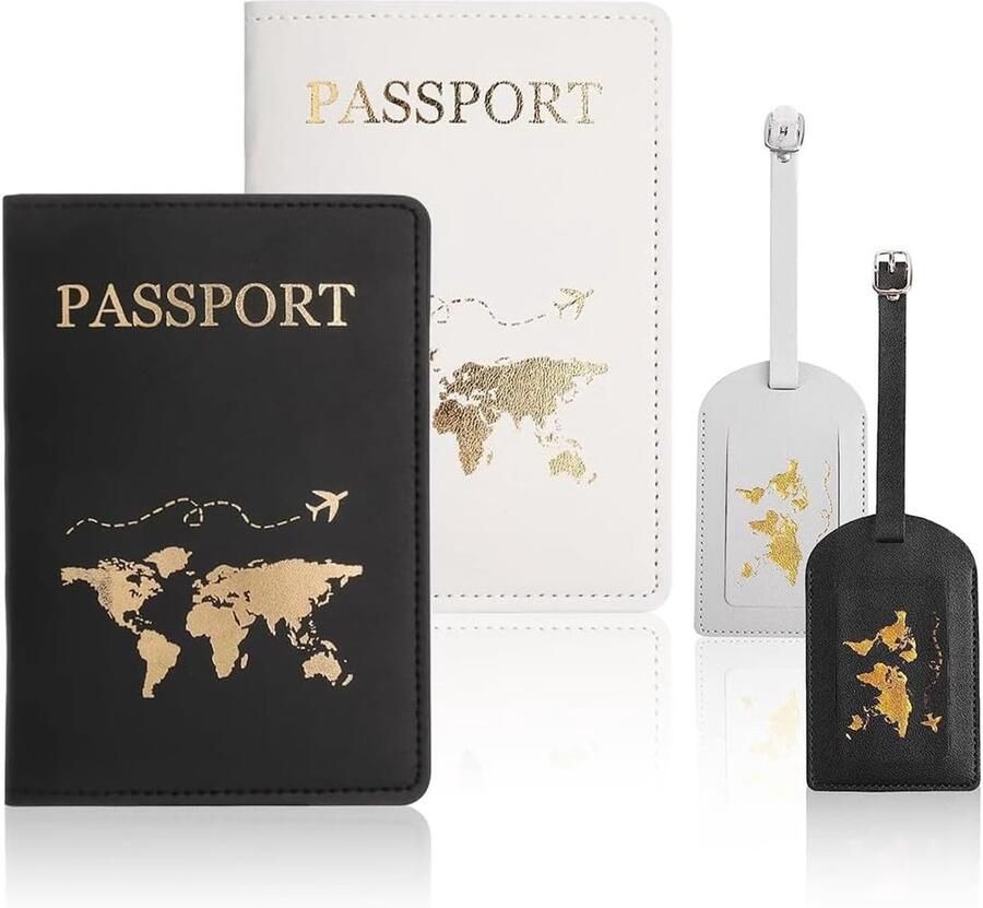 Reispashoes en bagagelabel set 2 reispaspoorten en 2 bagagelabels hoes reispas met RFID-blocker voor reispas creditcards identiteitskaart en reisdocu ten voor en Zwart wit