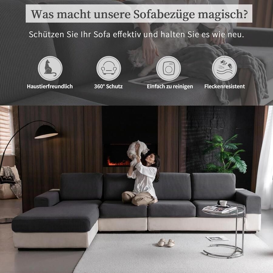 Rekbare kussenhoes voor bankkussen antislip wasbaar universeel duurzaam en onderhoudsvriendelijk (donkergrijs 2 zithoezen maat S + 1 hoes voor chaise longue