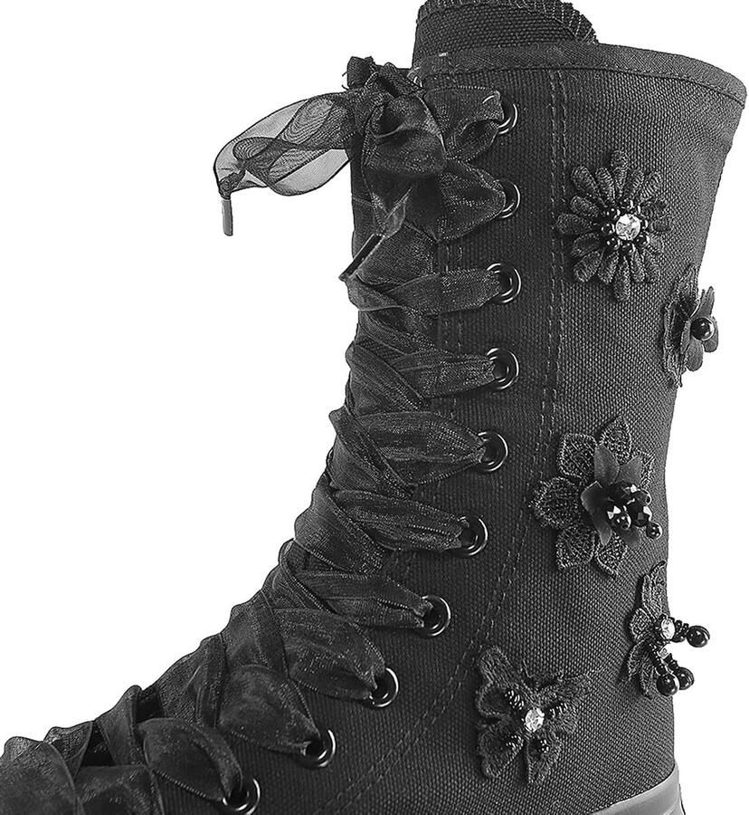 Rismart Dames Canvas Laarzen Mid Calf Cheerleader Hoge Tops Veterschoenen Zwarte Kraal Bloem2 36.5