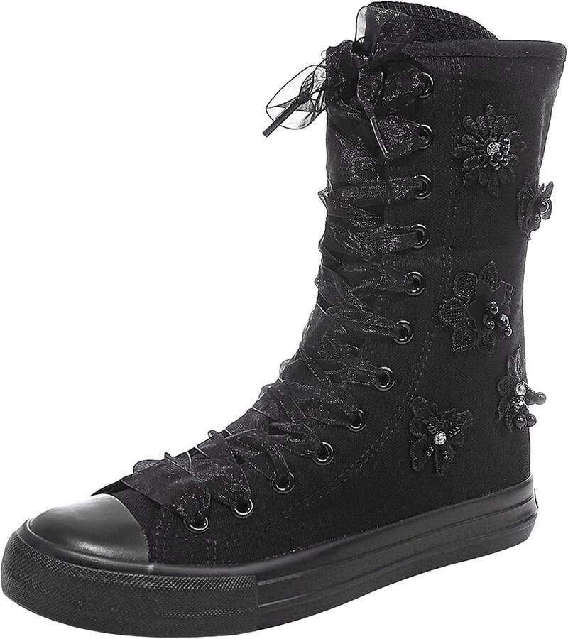 Rismart Dames Canvas Laarzen Mid Kalf Cheerleader Hoge Tops Veterschoenen Zwarte kraal Flower2