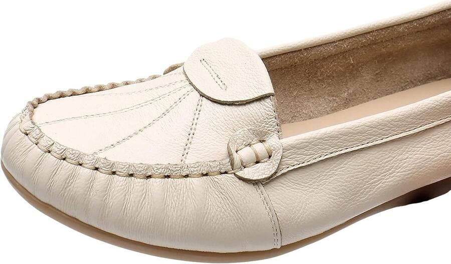Rismart Dames Lederen Loafer Flats Comfort Casual Werkschoenen Beige