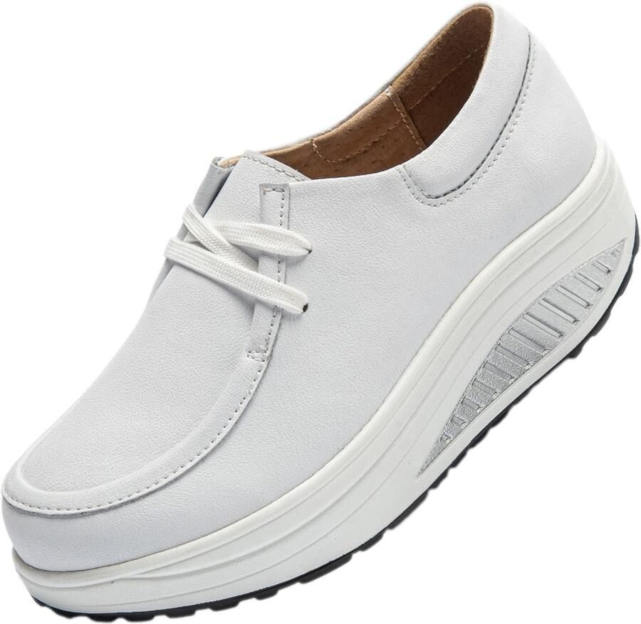 Rismart Lederen plateauschoenen Vrouwen Comfort Casual Wandelen Trainers wit