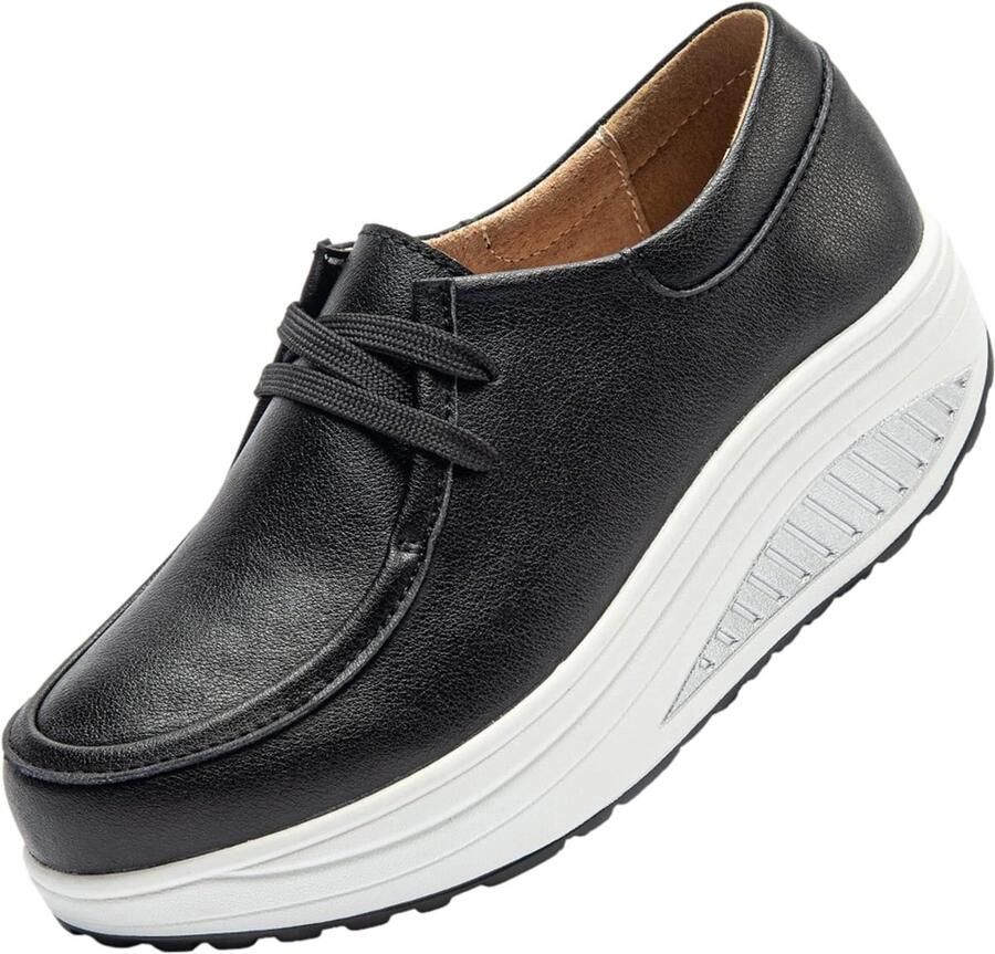 Rismart Lederen plateauschoenen Vrouwen Comfort Casual Wandelen Trainers Zwart