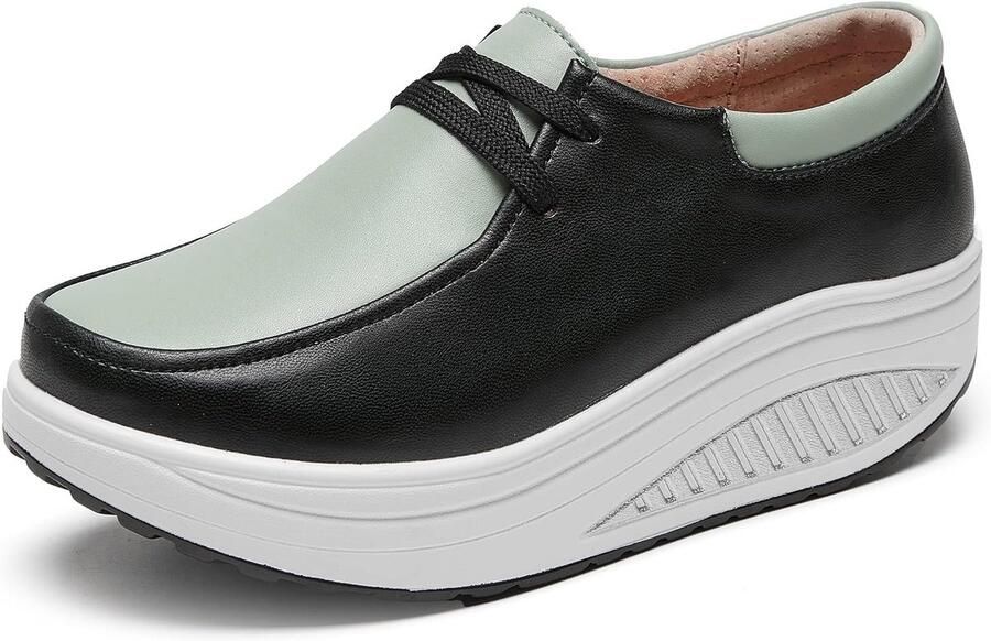 Rismart Leren plateauschoenen voor dames comfortabel casual wandelschoenen Zwart Groen 39.5