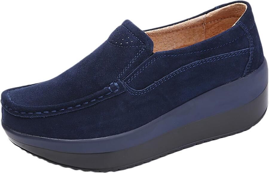Rismart Vrouwen Suede lederen sleehak Trainers Platform Schoenen Slip on Loafers Donkerblauw